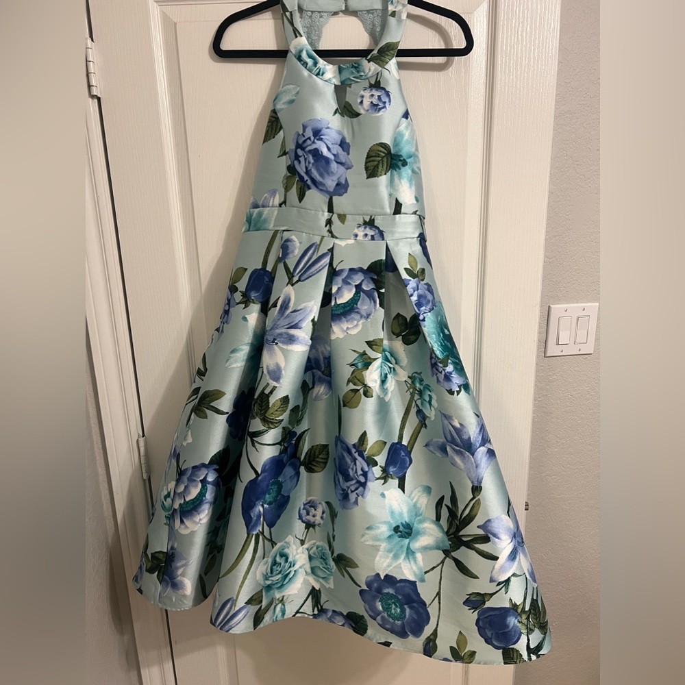 Blue floral tea length girls party dress